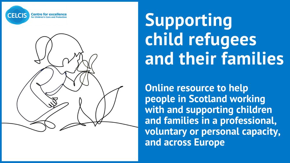 A graphic showing a small girl and a flower that represents the supporting child refugees and their families page on the www.CELCIS.org website.