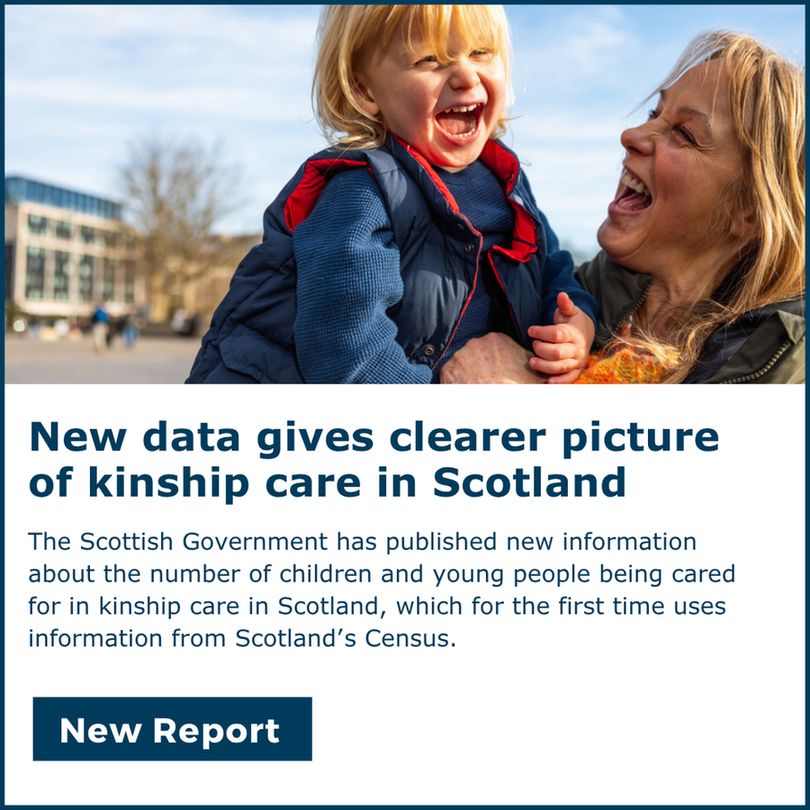A graphic to highlight a report by the Scottish government which uses information from the Scotland’s 2022 Census to give a better understanding of the number of children and young people being cared for in kinship care.