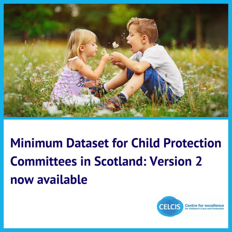 A graphic of two children blowing a dandelion to illustrate the revised webpage on Minimum Dataset for Child Protection Committees in Scotland. Version 2 is available on the CELCIS website.