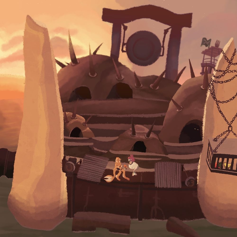 A digital drawing of the Salmon Run map Bonerattle Arena. Sitting above the water is my OCs, Theia, Clarence, and Aori.