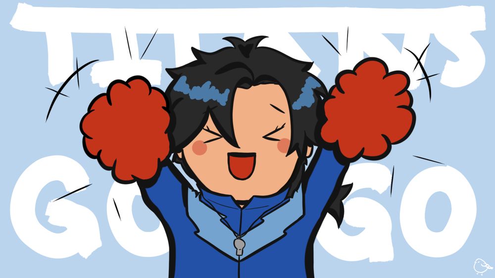 Dick Grayson from DC in a gym coach sweat jacket with the Nightwing blue stripe across chest, arms raised with red cheering poms in each hand and a whsitle hanging around his neck. He's looking happy and cheering us on, with long hair, and Titans Go Go lettering in the background.