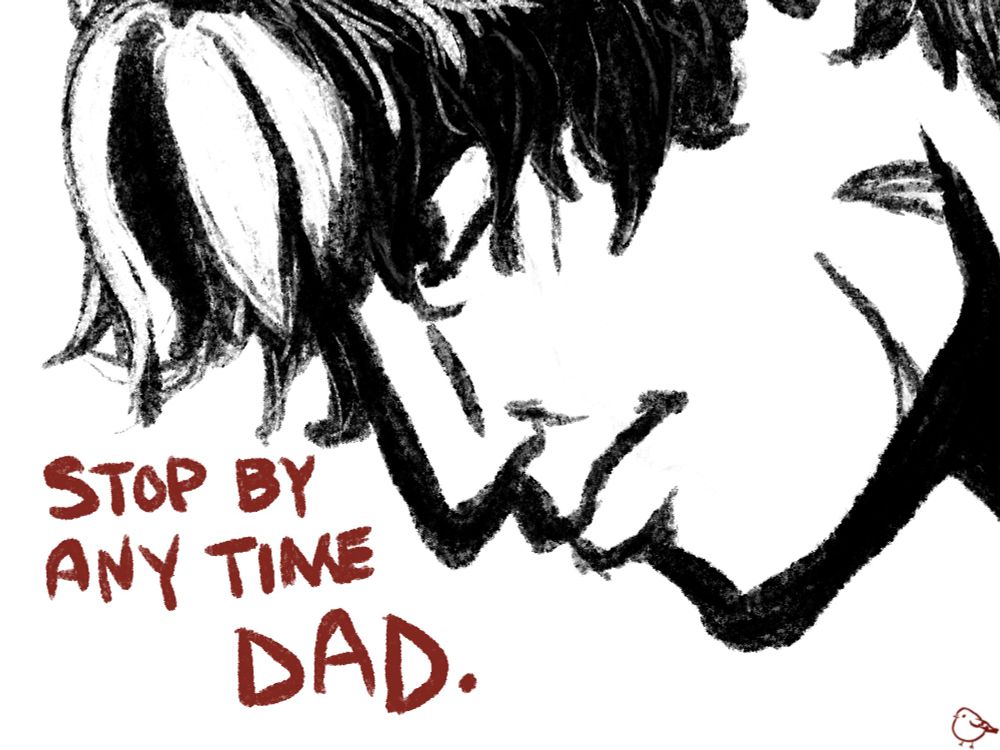 Black and white digital ink drawing of angry Jason Todd's face in a closeup, side profile facing left with the words "Stop by anytime dad.". A small red robin bird outline on bottom right hand corner signature for byrdsofthenyte.