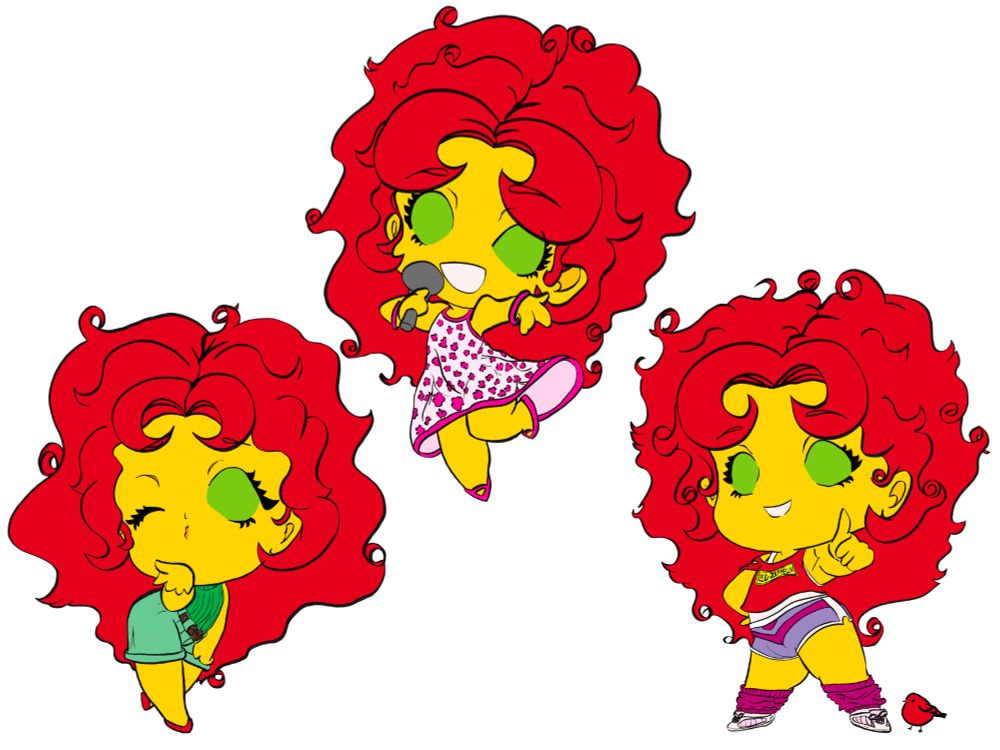 Three chibi versions of Starfire as she appears in various issues of Tales of the New Teen Titans from the 80's. Furthest left pose: she is leaning over blowing a kiss towards the screen with one eye open a sleeveless shirt tucked into green shorts with a belt. Top middle: she is dancing with a mic in her hand and another hand outstreached and singing wearing a light pink dress with dark pink flower pattern all over . Furthest right pose: with her hand on her hip and a finger pointed at you happily she is wearing a Led Zepplin crop top over a white tank and purple two tone workout shorts with matching legwarmers and sneakers. A little red Byrd's icon is next to her foot.