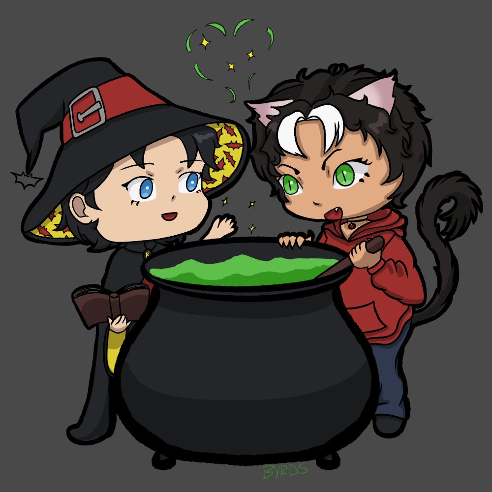 A Halloween digital art piece. To the left: a wizard, Tim Drake, is casting a spell while holding a book in his right hand. In the middle is a cauldron with green bright liquid inside. To the right: a catboy Jason Todd holding onto the edge of the pot while holding a stirring rod with the other. Tim is dressed in wizard robe with the Robin symbol in the middle top of his chest and hat with a big buckle on it and Jason is dressed in a red hoodie and jeans, and a collar with the red hood symbol on it.