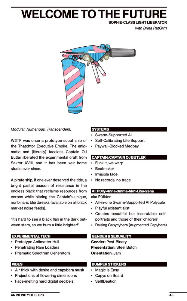 A page from An Infinity of Ships, featuring a spaceship called Welcome to the Future, a Sophie-class Light Liberator. The spaceship is striped in the trans flag. The ship was written with Brina RatGrrrl. The ship is Modular, Numenous and Transcendent. Its Gender is Post-Binary, it's Presentation is Steel Butch, and its Orientation is Jam. 