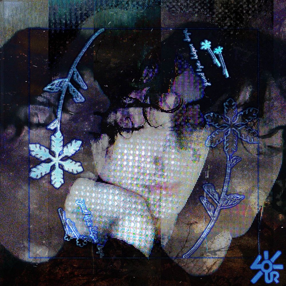 🐍🎨♥️
several photographs of erathym "erra" lour digitally collaged in a glitch art style in brown and purple and gold and blue. in the bottom right corner is a signature that reads "LOUR".  the center photo that's most legible shows her leaning in her wrist.
there is an outline of a flower and a matching flower as well as 4 bobby pins (all in lighter blue) in an ovular shape along with mirrored text that reads "good bye. halcyon. days" on both sides. 
