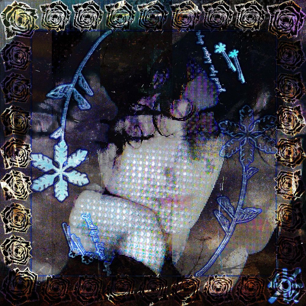 🐍🎨♥️
several photographs of erathym "erra" lour digitally collaged in a glitch art style in brown and purple and gold and blue. in the bottom right corner is a signature that reads "LOUR".  the center photo that's most legible shows her leaning in her wrist.
there is a border of golden roses over the border. 
there is an outline of a flower and a matching flower as well as 4 bobby pins (all in lighter blue) in an ovular shape along with mirrored text that reads "good bye. halcyon. days" on both sides. 
