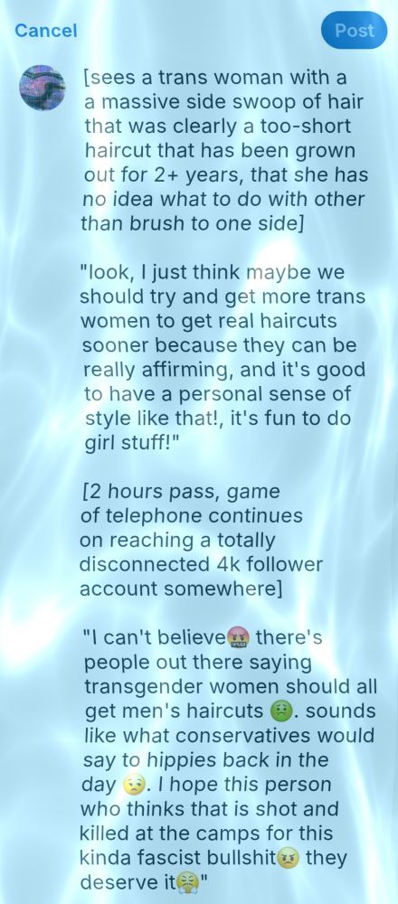 [sees a trans woman with a a massive side swoop of hair that was clearly a too-short haircut that has been grown out for 2+ years, that she has no idea what to do with other than brush to one side] 

"look, I just think maybe we should try and get more trans women to get real haircuts sooner because they can be really affirming, and it's good to have a personal sense of style like that!, it's fun to do girl stuff!"

[2 hours pass, game of telephone continues on reaching a totally disconnected 4k follower account somewhere]

"I can't believe🤬 there's people out there saying transgender women should all get men's haircuts 🤢. sounds like what conservatives would say to hippies back in the day 😒. I hope this person who thinks that is shot and killed at the camps for this kinda fascist bullshit😠 they deserve it😤"