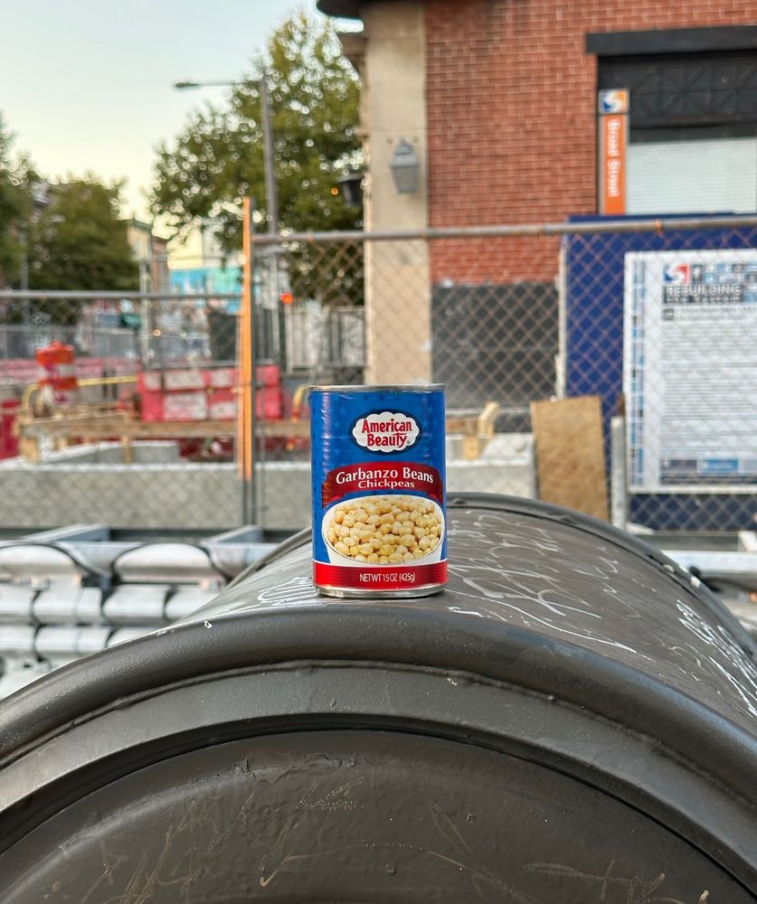 A can of garbanzo beans on a mailbox