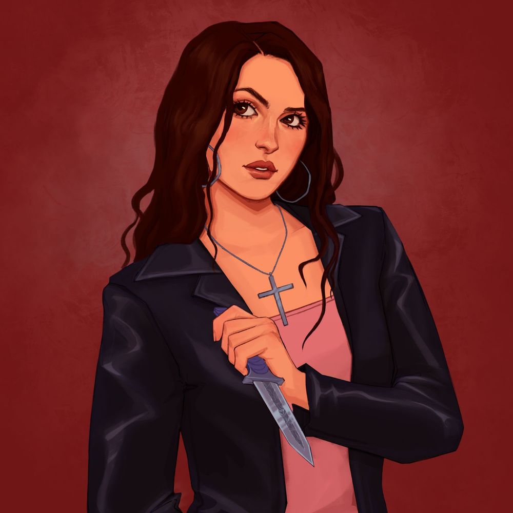 The background is of a burgundy/maroon color.

The girl in the center is wearing a black leather jacket and a soft pink top. She is hold a dagger with a mystical soft purple handle. Her necklace is a silver cross and she's wearing silver hoops.

Her hair is dark brown and slightly wavy, she has brown eyes, and her skin tone is fair to tan. She has her eyebrow slightly raised and her lips in a soft pout.

Art by the incredibly talented: microplaid