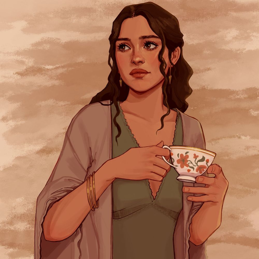 Image is of a young woman in her twenties with tan skin, brown hair and brown eyes holding a tea cup. She is wearing a soft green stop with a tan colored wrap that flows on the sleeves. She is also wearing three gold bangles and gold dangling earring.

Her expression is soft with a pouted lip.

Art commissioned from: microplaid