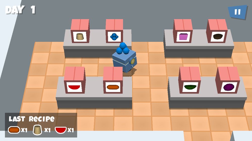 Screenshot of an in-development game jam game. A cubic robot is in a room full of differently labelled boxes.
