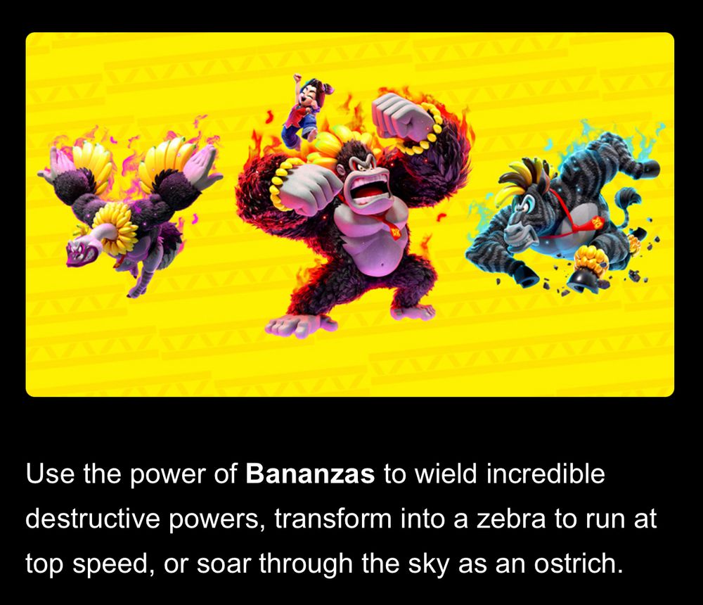 Description of Bananza powers from new Donkey Kong game stating “soar through the sky as an ostrich”