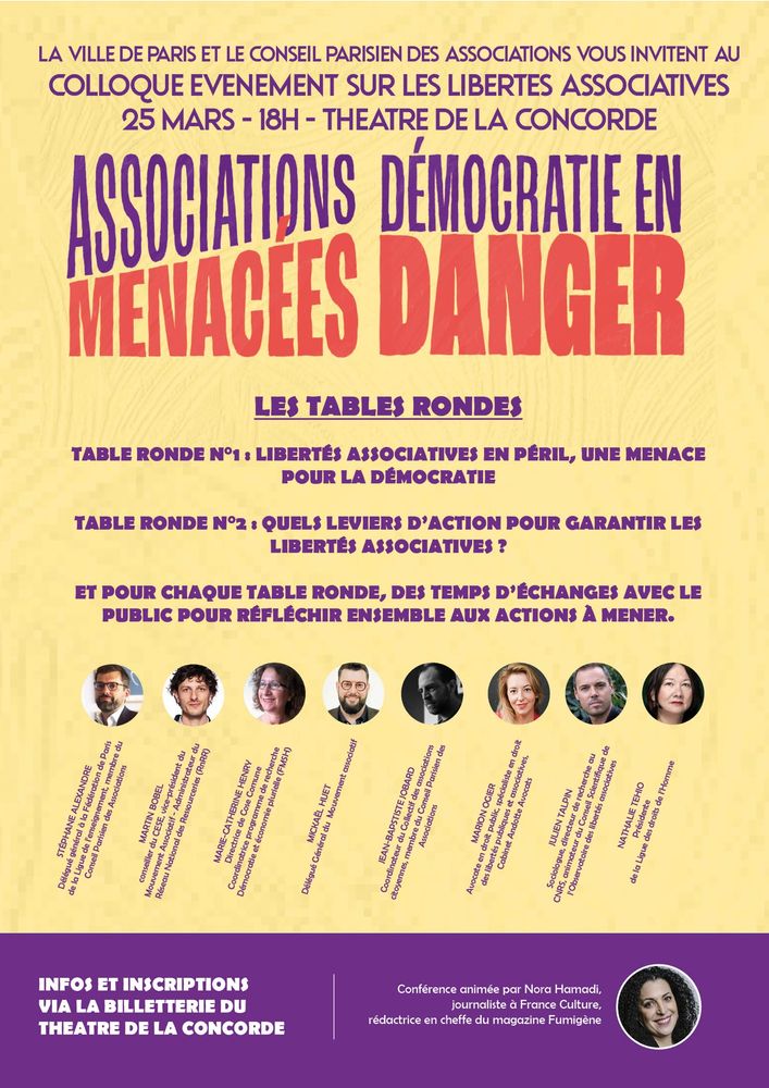 Programme des tables rondes et intervenant•es au colloque « Associations menacées, démocratie en danger » organisé par la Ville de Paris le 25 mars 