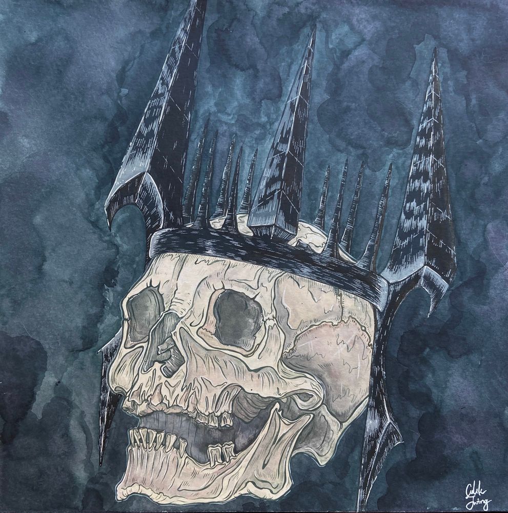 large watercolor and ink painting of a skull wearing an imposing, black iron crown. 