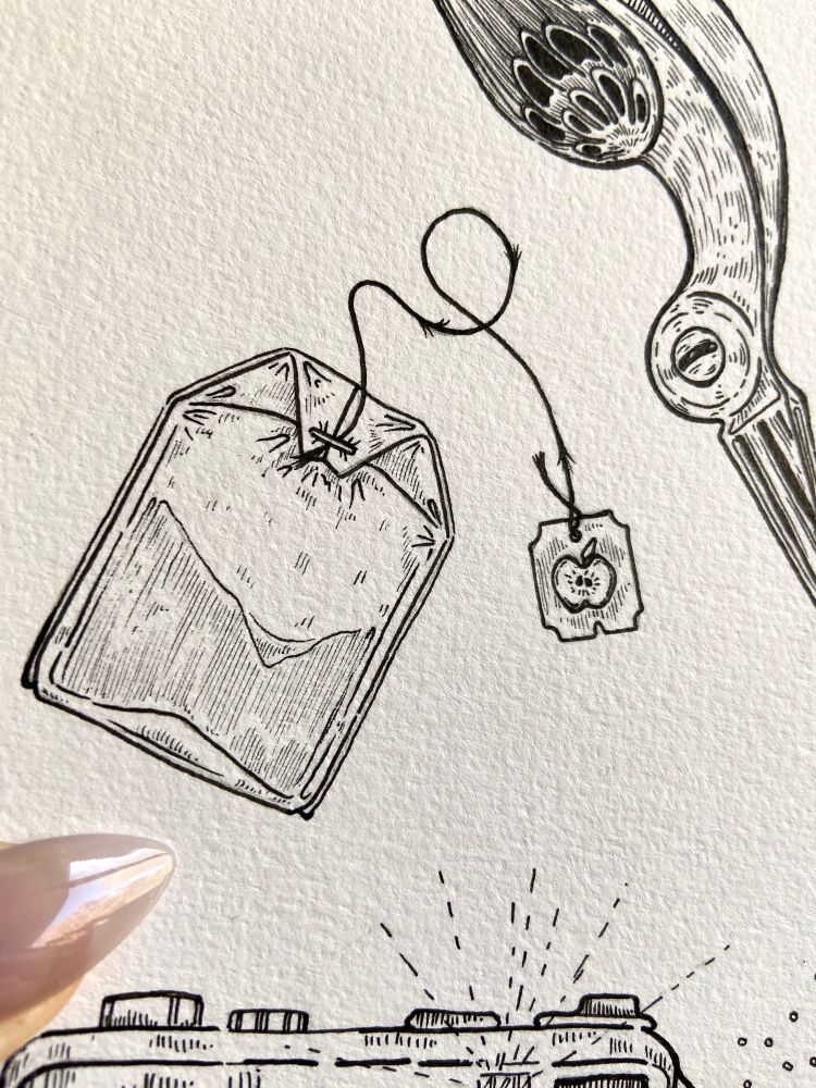 an old ink drawing of mine depicting a teabag with a little tag on the string. 