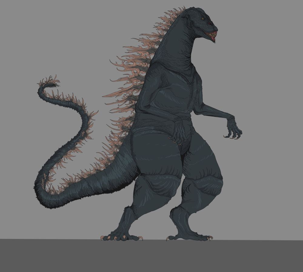 A side view piece of a redesigned Godzilla, based on the mix between the showa era costumes and real life primates, standing in front of a grey background. 