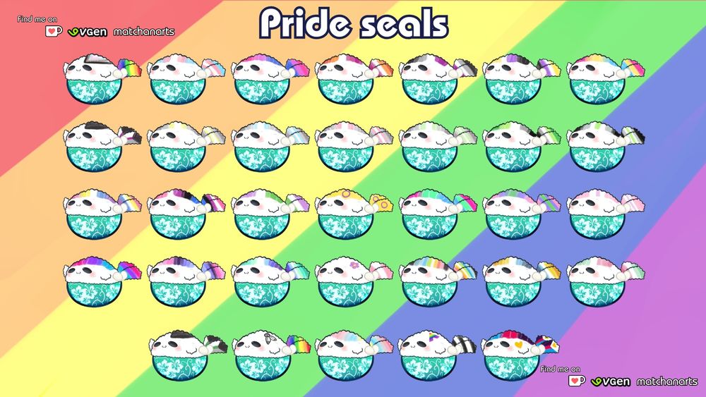 Text: Pride seals. Find me on Ko-fi and Vgen @ matchanarts. Multiple colored seals in a teal and white hibiscus bowl against a rainbow colored background