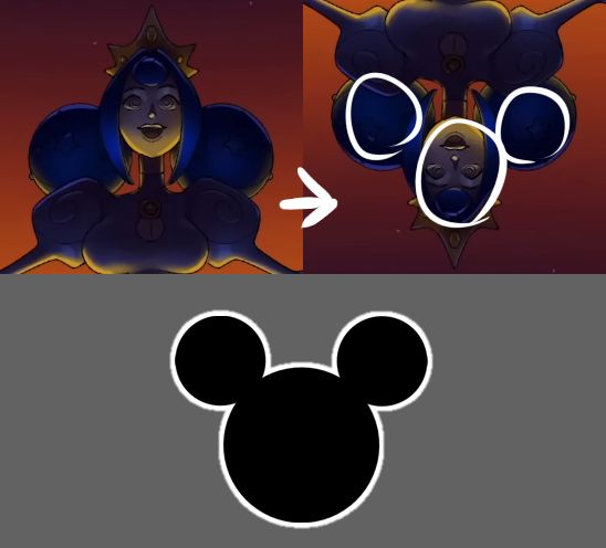 An edited screenshot from the Knights of Guinevere trailer. It shows the statue of Guinevere looking up towards the sky; in a second panel, the screenshot has been flipped upside down and traced over with a white pen to illustrate that the character's face and hair form three circles. The final panel is a mickey mouse silhouette, showing that Guinevere's head silhouette is similar to an inverted Mickey Mouse silhouette.
