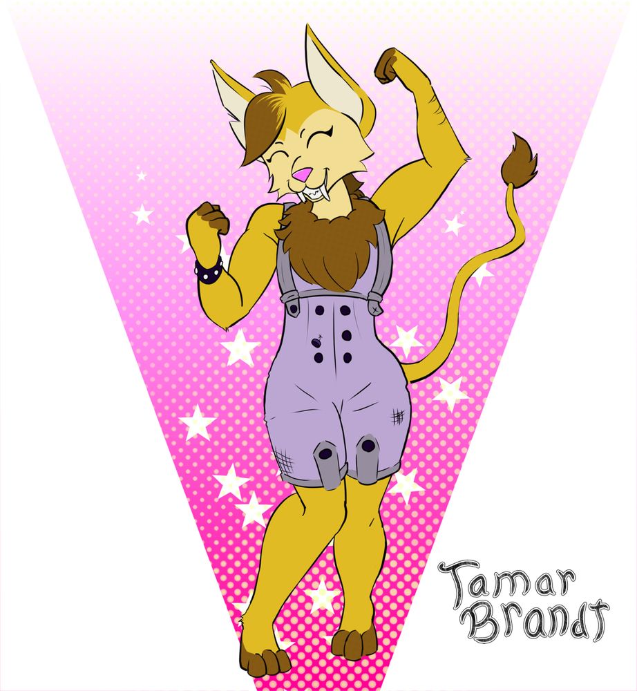 A flat-color illustration of a furry character. Her species is the Varwolf from Neopets, which looks a bit like a sabertooth tiger. She is short and muscular with yellow fur, a brown mane and brown fingers and toes, fluffy brown bangs and a pink nose. She is wearing worn-out, purplish gray overalls with buttons missing. She is pumping a fist in the air with her knees bent, as if cheering or dancing, and the background is a simple pink screentone dotted with stars in a spotlight shape coming from beneath her feet. The signature in the bottom-right corner reads "Tamar Brandt" in handwritten letters.