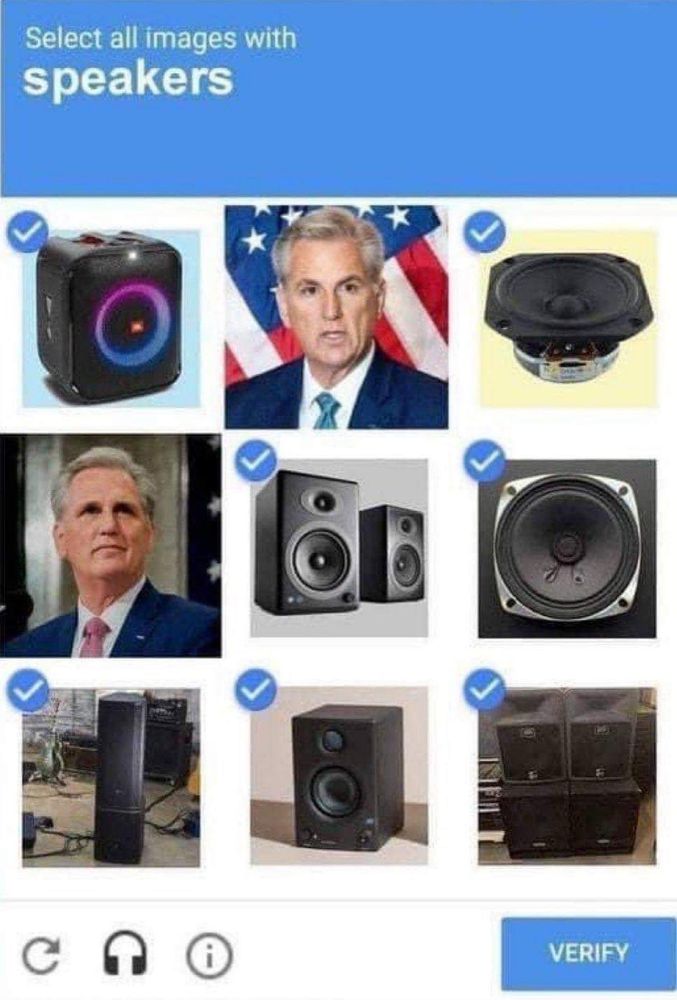 Recaptcha image showing various speakers checked off and two of Kevin McCarthy not checked. The caption is "select all speakers".