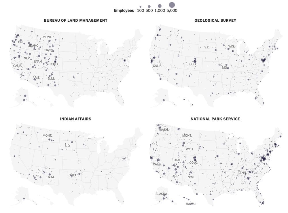 New York Times series of maps showing where federal employees live. This is showing BLM, Geo Survey, Indian Affairs and National Park Service