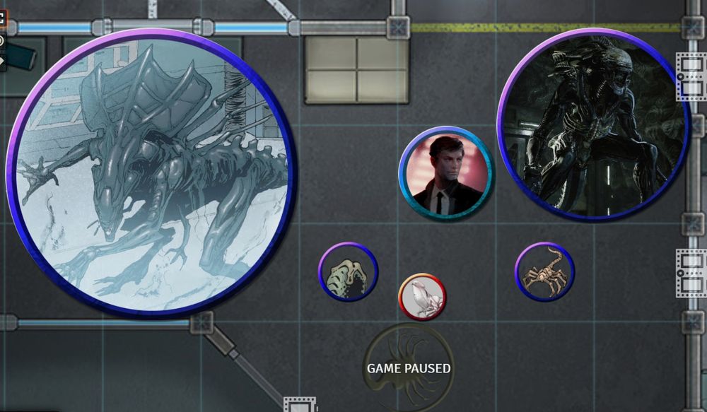 A screenshot of a Foundry virtual tabletop game. There's a queen alien taking up 3x3 spaces, a praetorian taking up 2x2 spaces, a human taking up a 1x1 space, a fachugger egg taking up 75% of 1 space right in the center, a facehugger taking up 75% of 1 space right in the center, and a pathogen-infected chicken in the corner of a 1x1 space, small enough that you could put four of them into a single space.