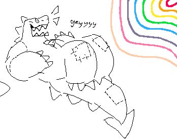 specimen laughing all sillylike while lying on her back, text reads "gayyyy"