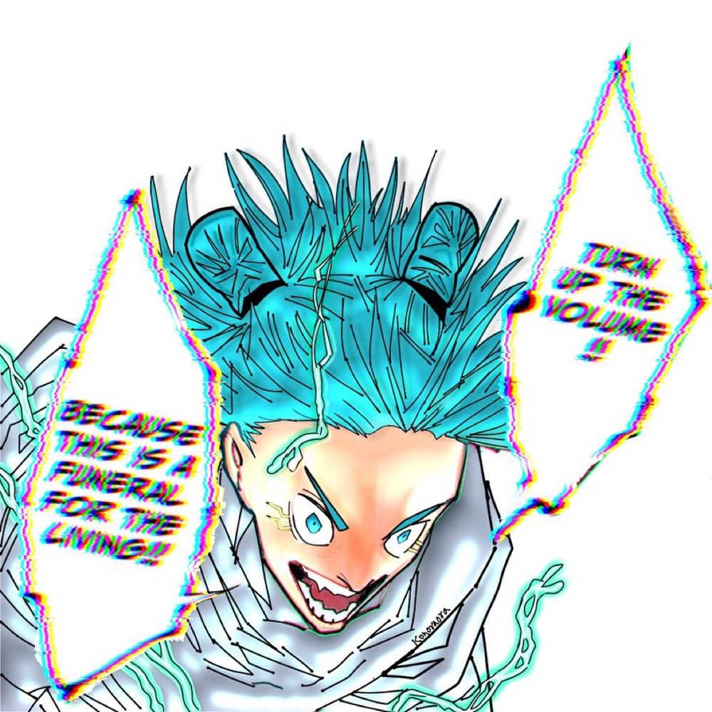 Anime image with the caption, turn the volume up!! because this is a funeral for the living!!