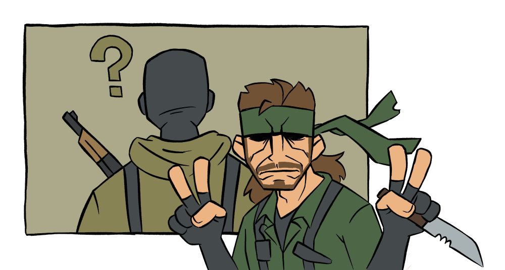 Naked Snake from MGS3 sneaking up on a guard with his knife out, a reference to that one scene from a One Piece filler arc where Luffy does this to a Marine.