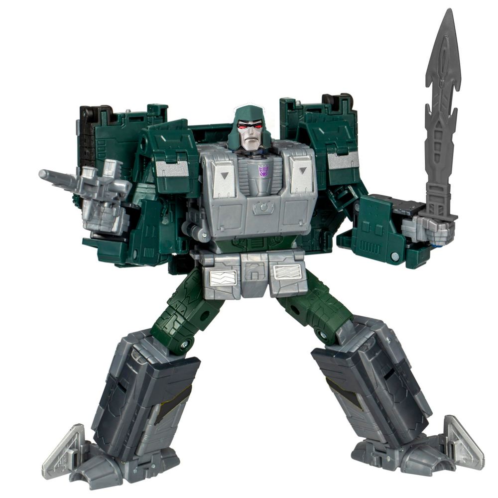An image of Legacy Overcharge, a silver and greenish redeco of Legacy Blitzwing, with a new head and slightly edited colors to make it resemble Machine Wars Megaplex.