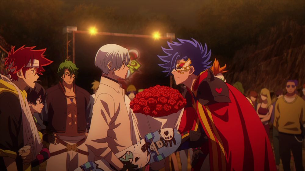 Adam giving Langa a giant bouquet of red roses