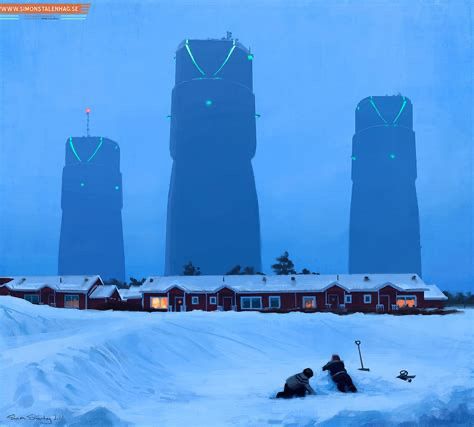 Three giant towers loom over simple single-story dwellings in a snowy landscape. Two children are playing in the snow.