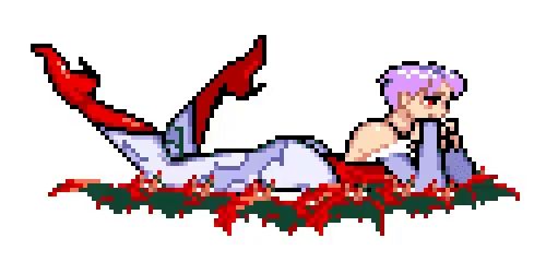 a pixel art of a mermaid laying on the ground with red flowers .