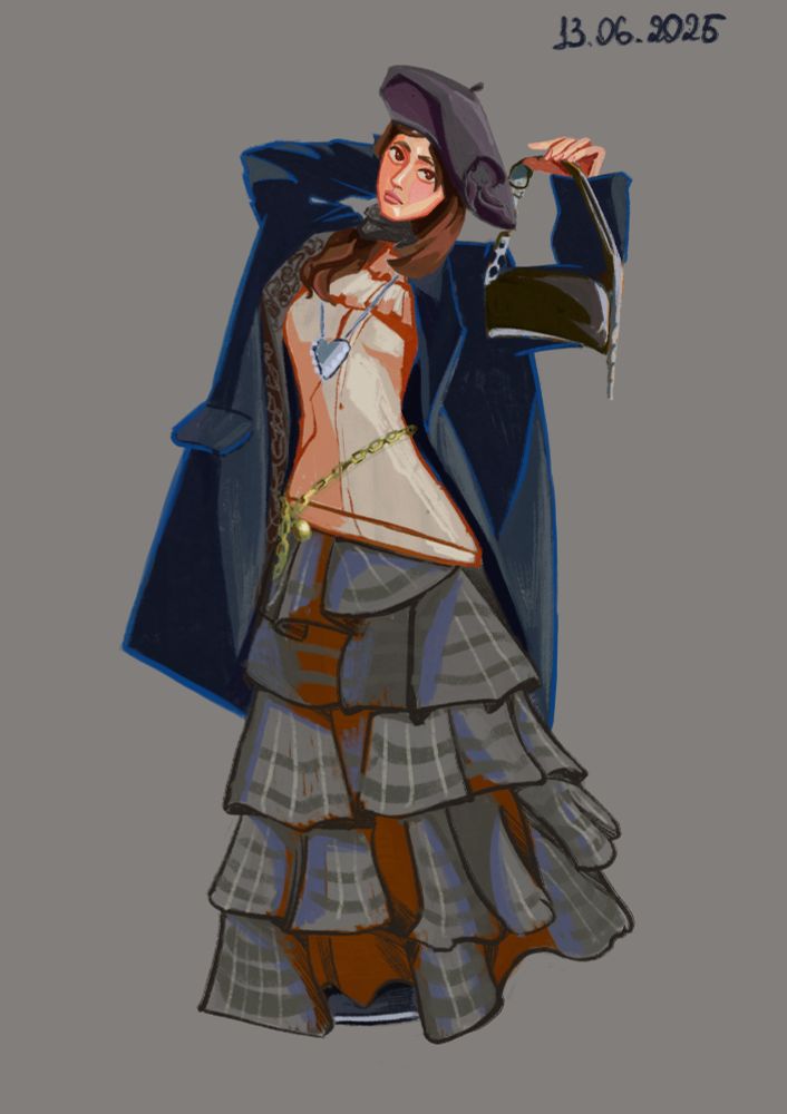 Lady in a pleated dress and coat.