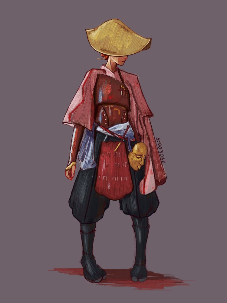 A drawing of a lady in an outfit, inspired by Japanese garb