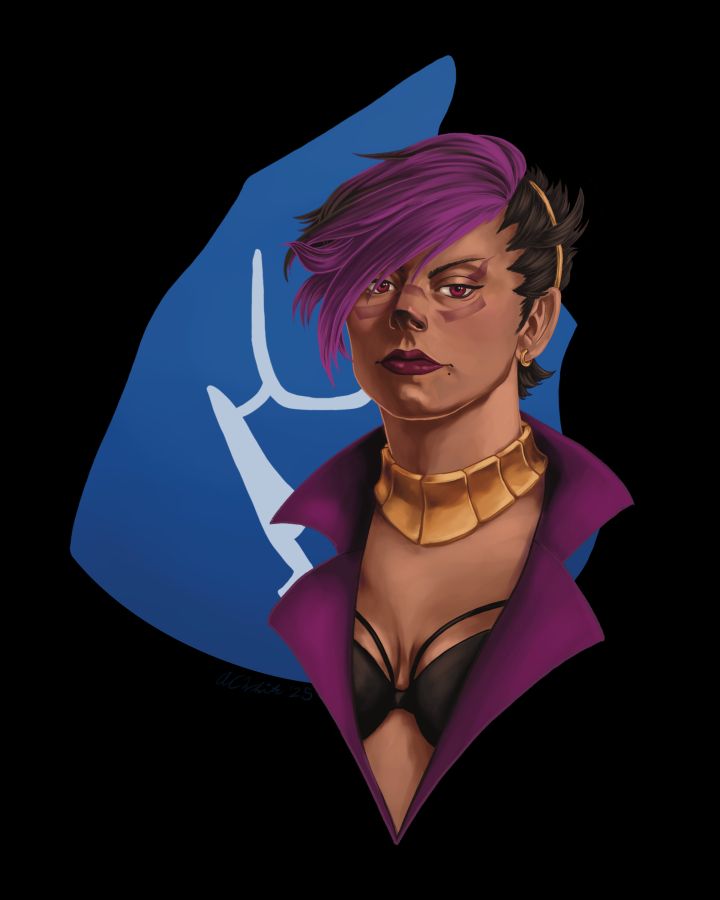 Digital painting of a roegadyn Warrior of Light from Final Fantasy 14. It’s a portrait from the chest up. The job stone for Dragoon is behind her. 