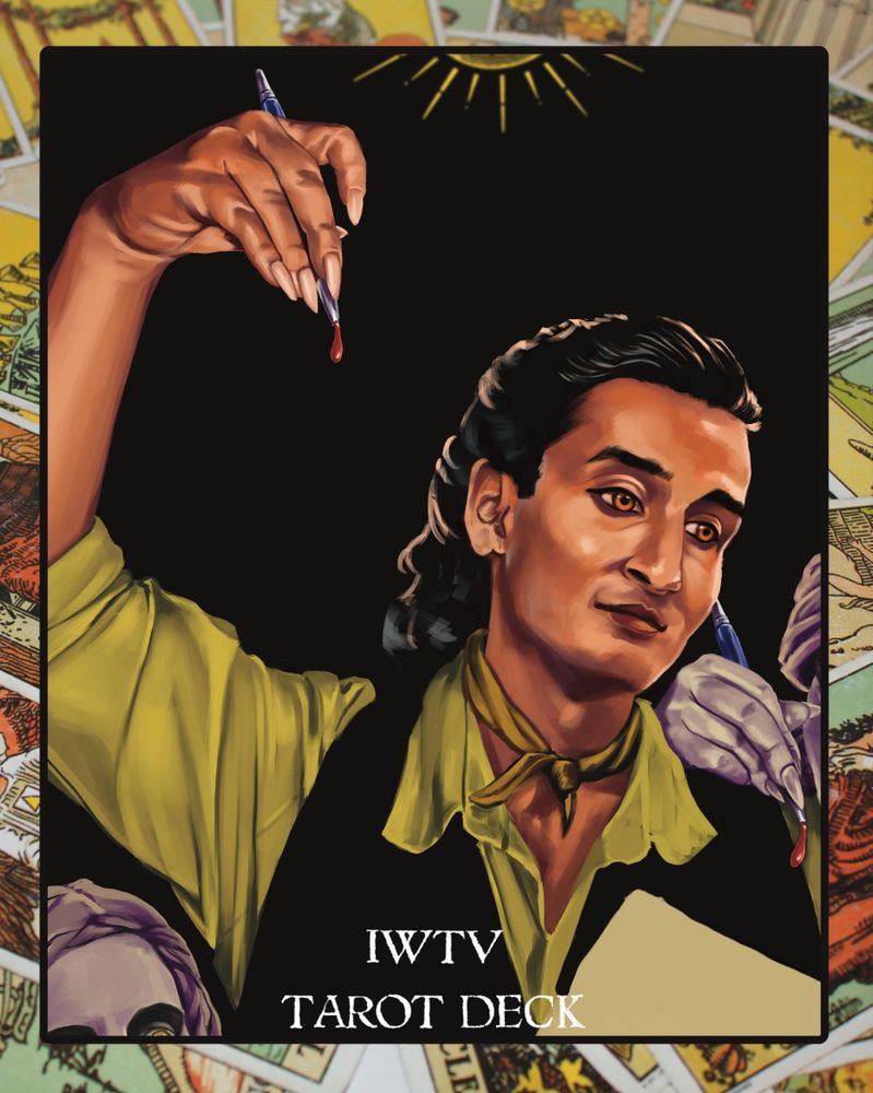 Crop of an illustration of Armand from AMC’s Interview with the Vampire holding a pen dripping blood surrounded by a frame that says IWTV Tarot Deck