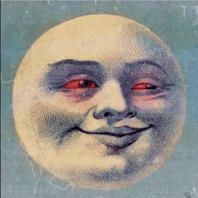 a painting of a smiling moon with red eyes and the letter b on the bottom