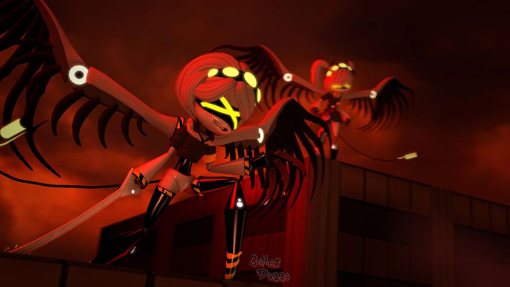 V and J from Murder Drones atop buildings, looking down at their presumed prey, which is off screen. Their wings are out and their screens have a big yellow x on them. V has a sword out from her hand, it's heading the top of the building, creating sparks. Smoke comes from the bottom of the screen, however the source is off-screen. The sky is red, and the world is ending.