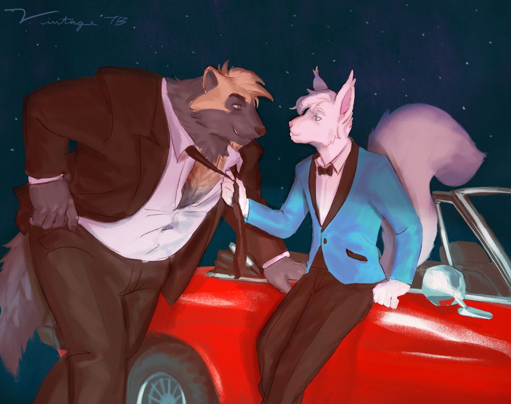 Characters from L'automne, a romance/slice-of-life vn. Stephan, a wolverine and Corey a squirrel are posing against a red 75 alfa romeo car. They are wearing fancy dress suits. Corey leans against the car and pulls Stephan closer with Stephan's tie