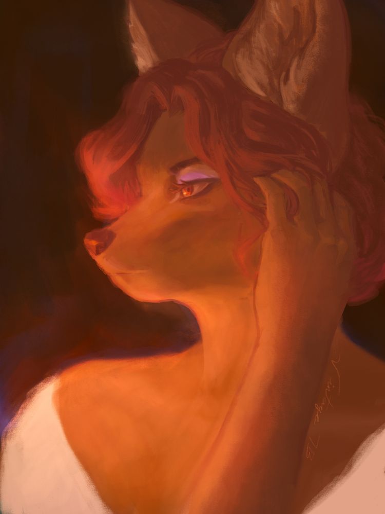 digital art. portrait style, profile-view of an anthro fox woman from the shoulders up. she wears soft white drapery around her shoulders. she looks to the left and pushes her short curled hair back with her hand