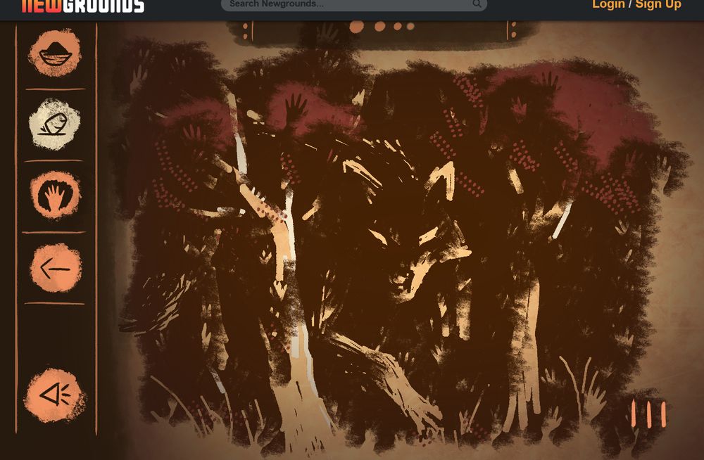 screenshot of digital painting using a painting simulator mimicking prehistoric cave art. heavily shadowed forested area in cutout-like style. a huge wolf in shadow prowls in the back behind trees