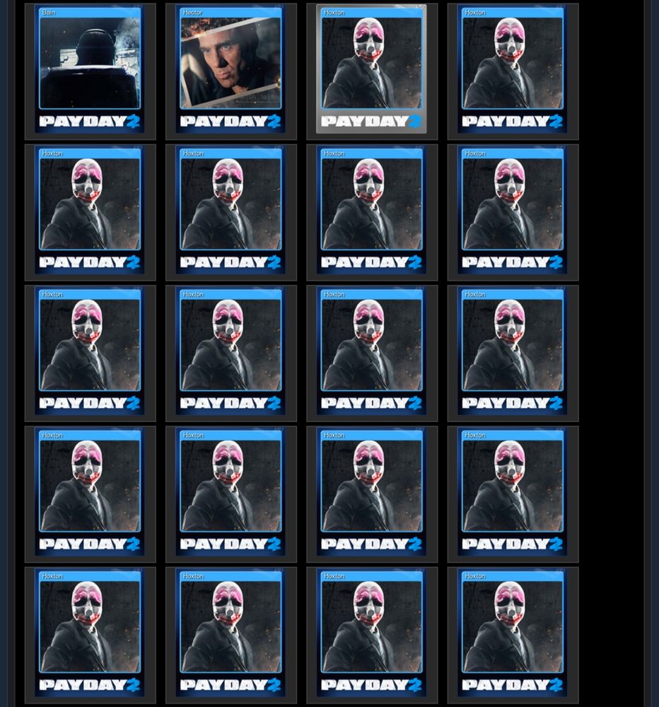 A screenshot of a steam inventory page. Pictured is eighteen Payday 2 trading cards depicting Houston from Payday 2.