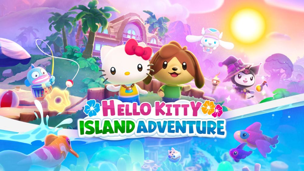 It's a vibrant promotional image for an upcoming game. The title of the game is in the middle of the image, reading "Hello Kitty Island Adventure". Above the title is Hello Kitty herself, standing next to a dog character. Various other Sanrio characters can be seen on the island in the background, one of which is fishing from the ocean seen below the title, which has fish swimming in it.