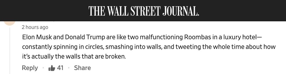 Screenshot of a comment on a Wall Street Journal article that reads: "Elon Musk and Donald Trump are like two malfunctioning Roombas in a luxury hotel—constantly spinning in circles, smashing into walls, and tweeting the whole time about how it’s actually the walls that are broken."