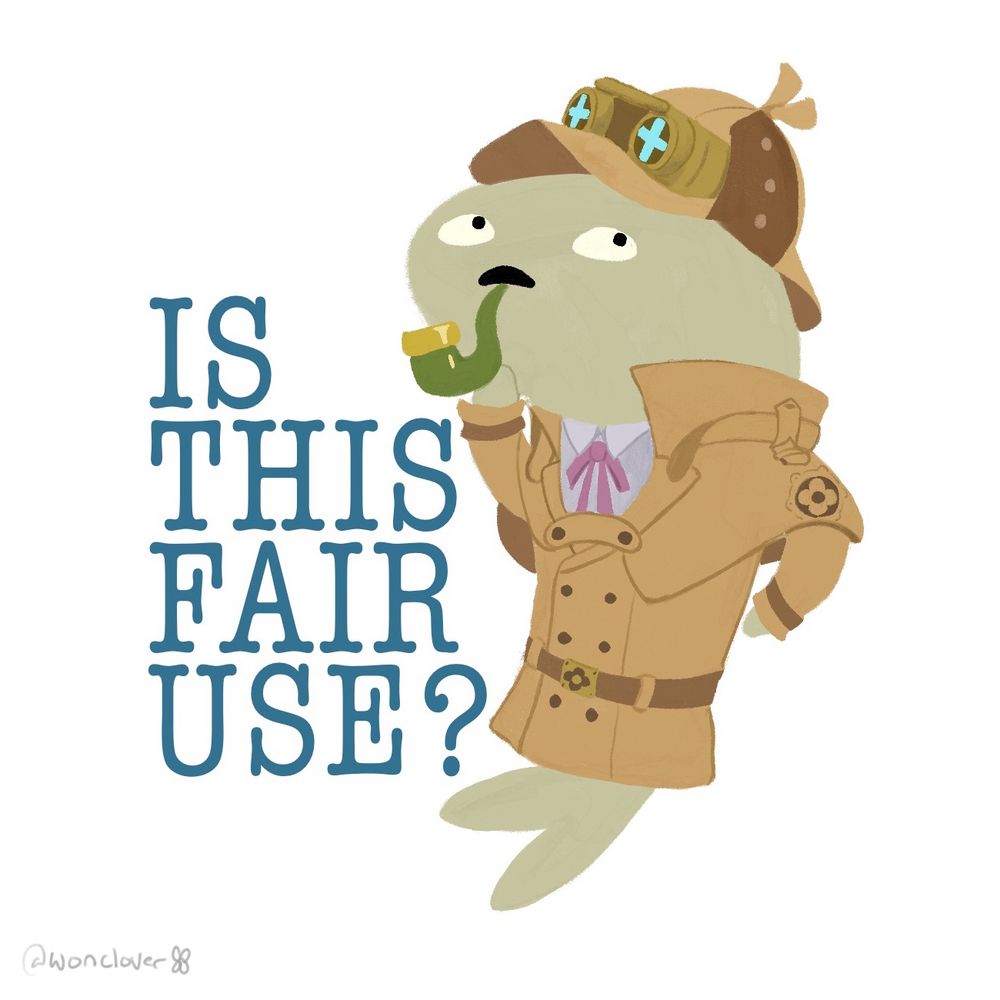 A greenish beige colored Herlock Sholmes shark in a pondering pose with the text “Is this fair use” next to him.