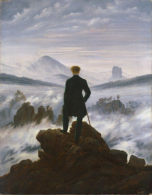 Caspar David Friedrich's "Wanderer Above the Sea of Fog," a Romantic painting where an adventurer stands on a jut of rock and stares out into a mysterious expanse of mist and mountains.  