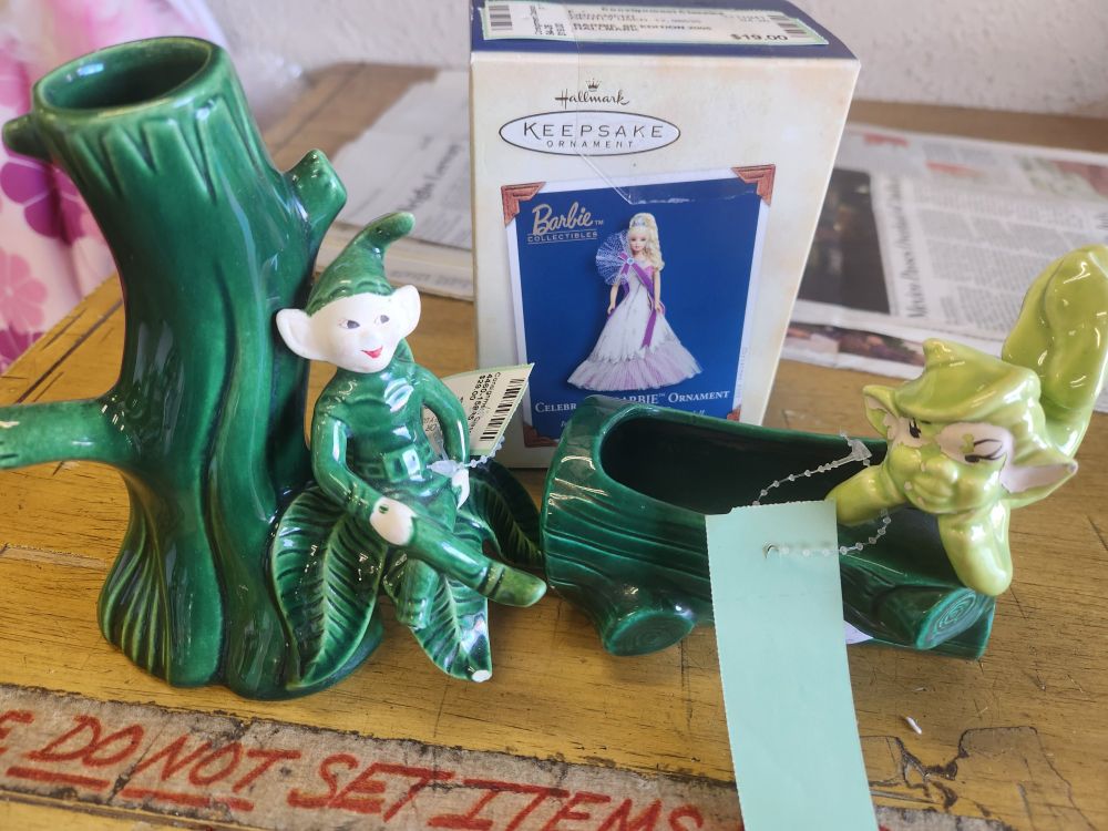 2 ceramic mini planters with mischievous pixies attached, plus a 2005 keepsake holiday barbie christmas ornament 