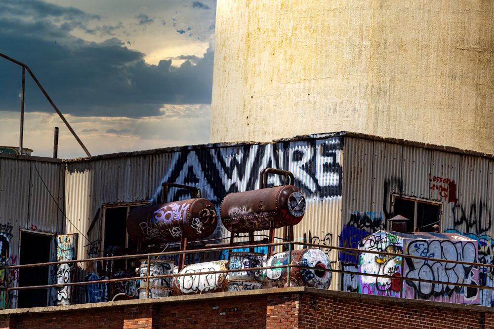 Ruined factory with graffiti 
